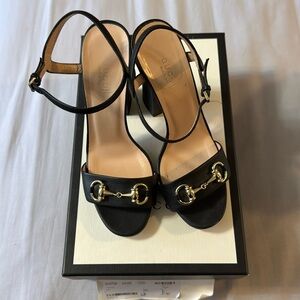 GUCCI Black Leather Horsebit Ankle Strap Sandals - Size 37.5